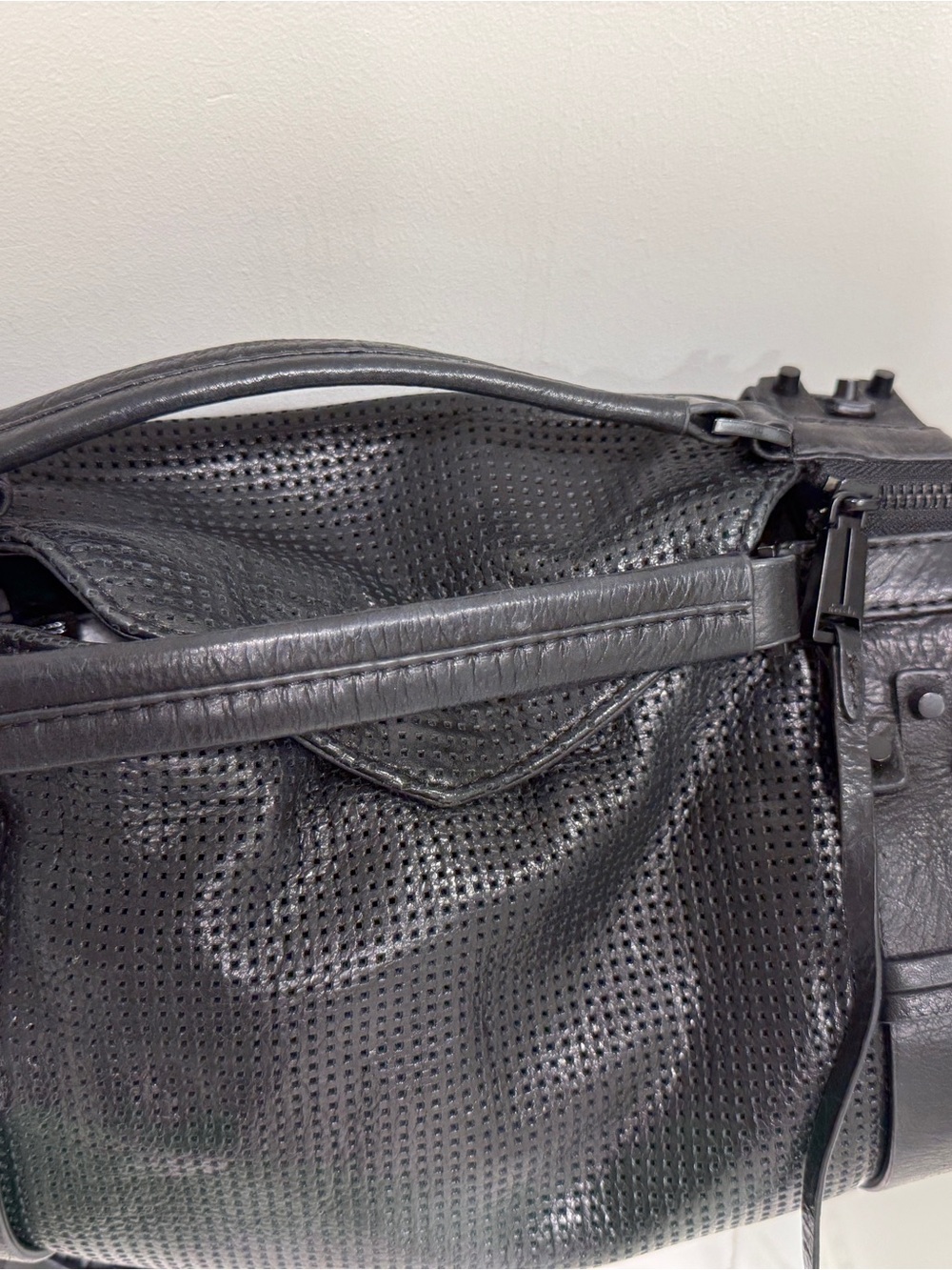 Women’s She + Lo, Black Perforated Leather Satchel Bag with Adjustable Strap - Picture 6 of 10